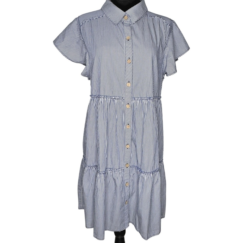 Dear John Shirtdress Womens Sz M Blue White Striped Tiered Flutter Sleeve Cotton